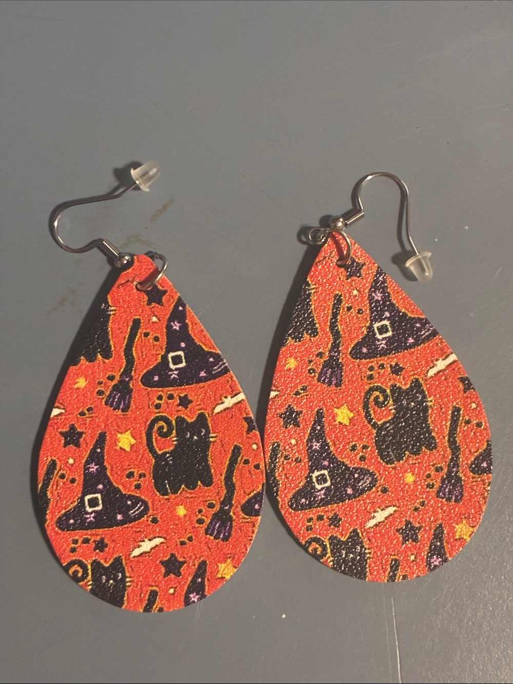Halloween Teardrop Earrings with Black Cat & Witch Hat Design -